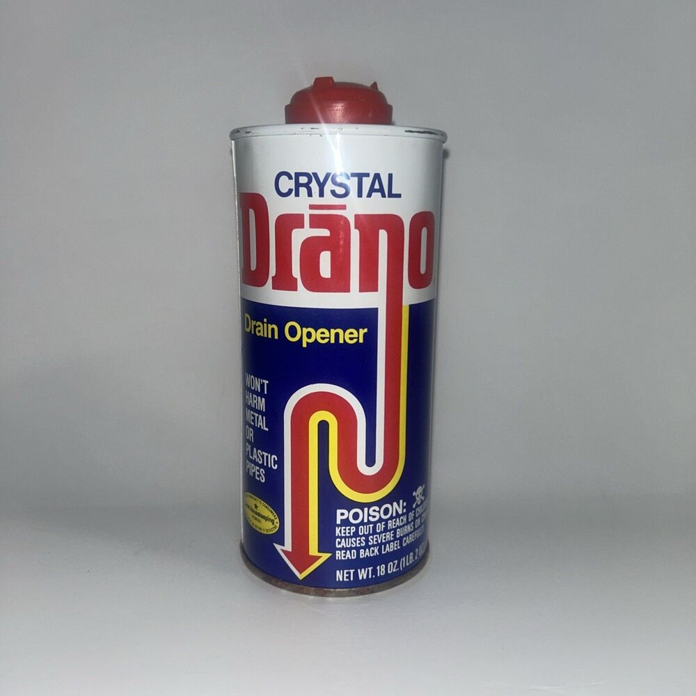 Vintage Drano CRYSTAL Drain Opener 18 oz Metal Can Clog Remover Mostly Full